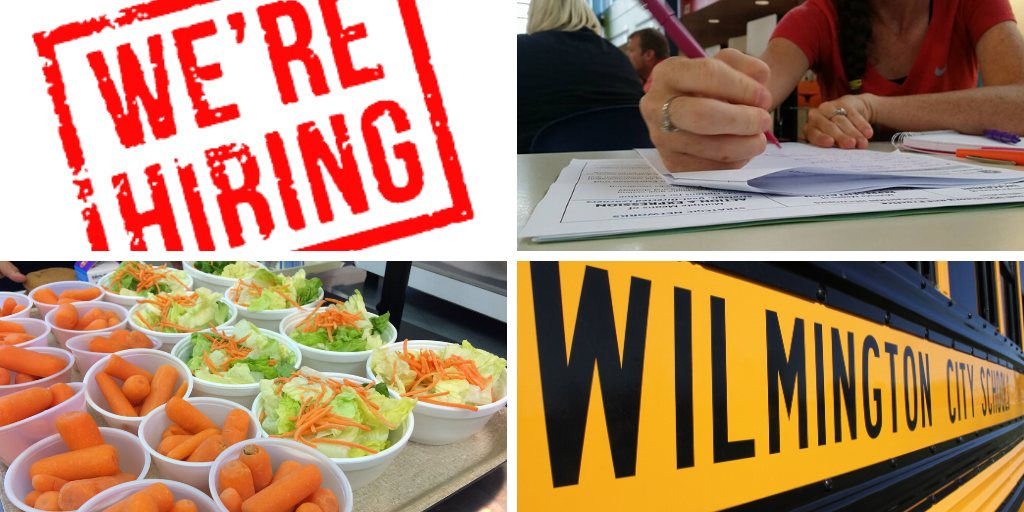 We're Hiring logo, student writing, carrots and salad in bowls, side of Wilmington school bus